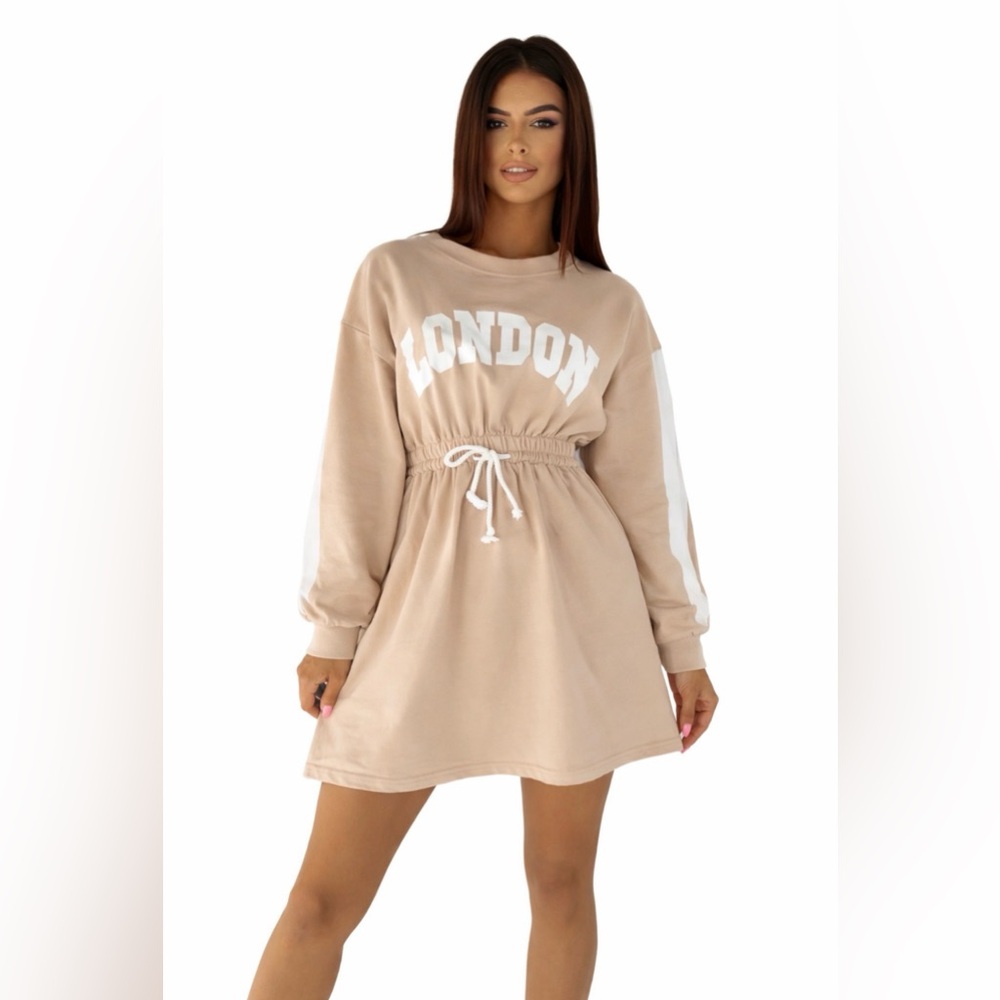 Beige Casual Dress with White Accents